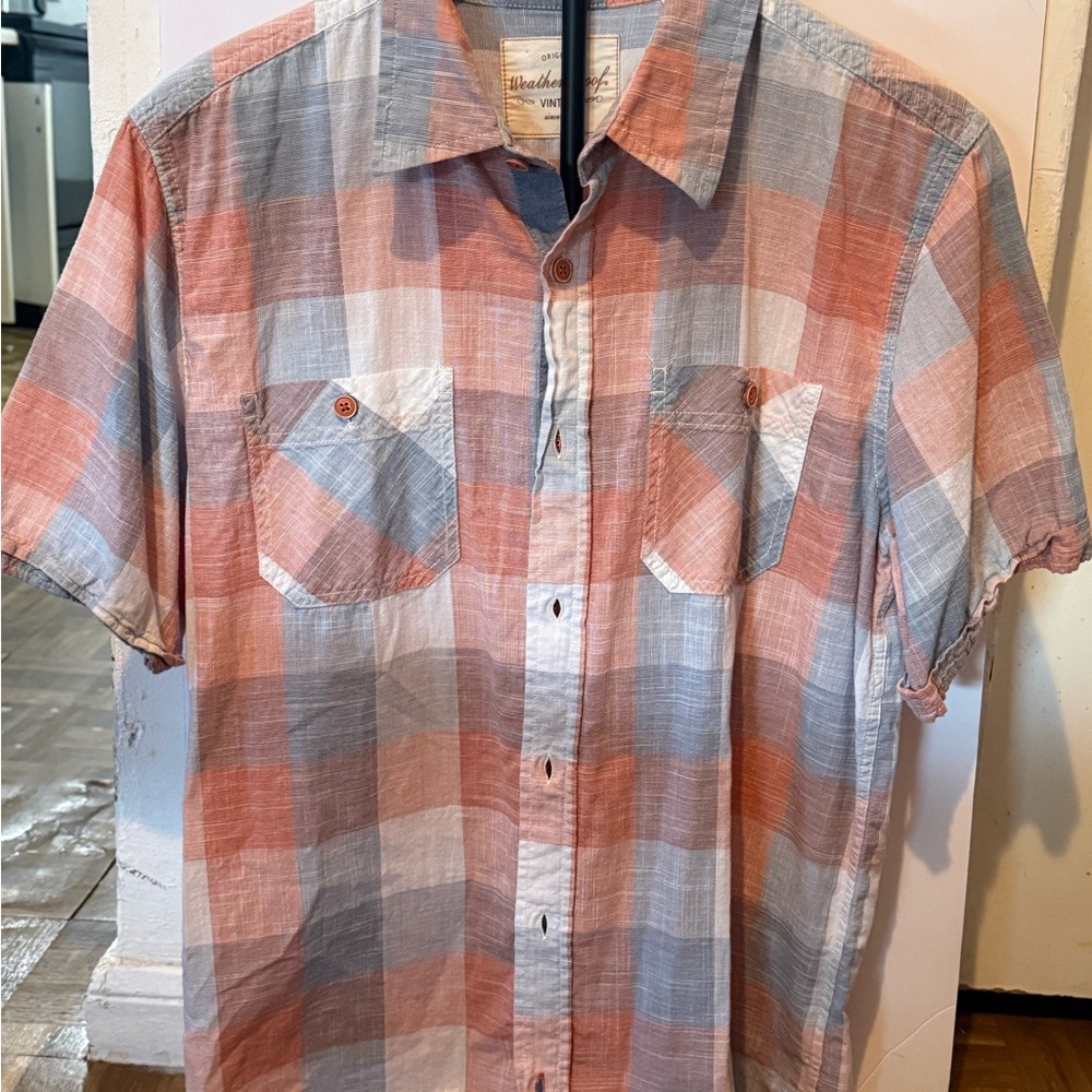 Weatherproof Short Sleeve Plaid Button-Down Shirt - Coral & Light Blue